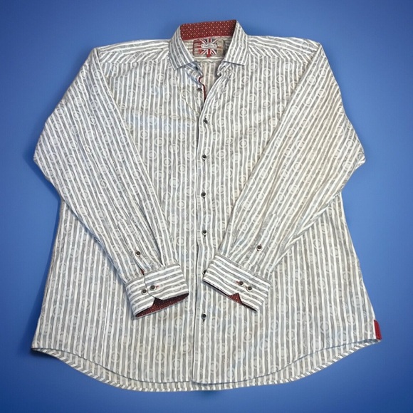 7 Downie Street Men’s Button Down Fun Pattern Circles sz9 White Grey Long Sleeve - Picture 2 of 13